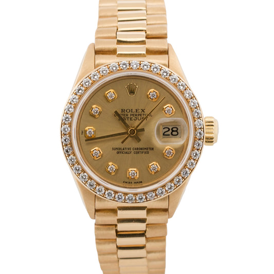 Ladies 1976 Rolex DateJust President 6917 26mm Champagne Diamond 18K Gold Watch