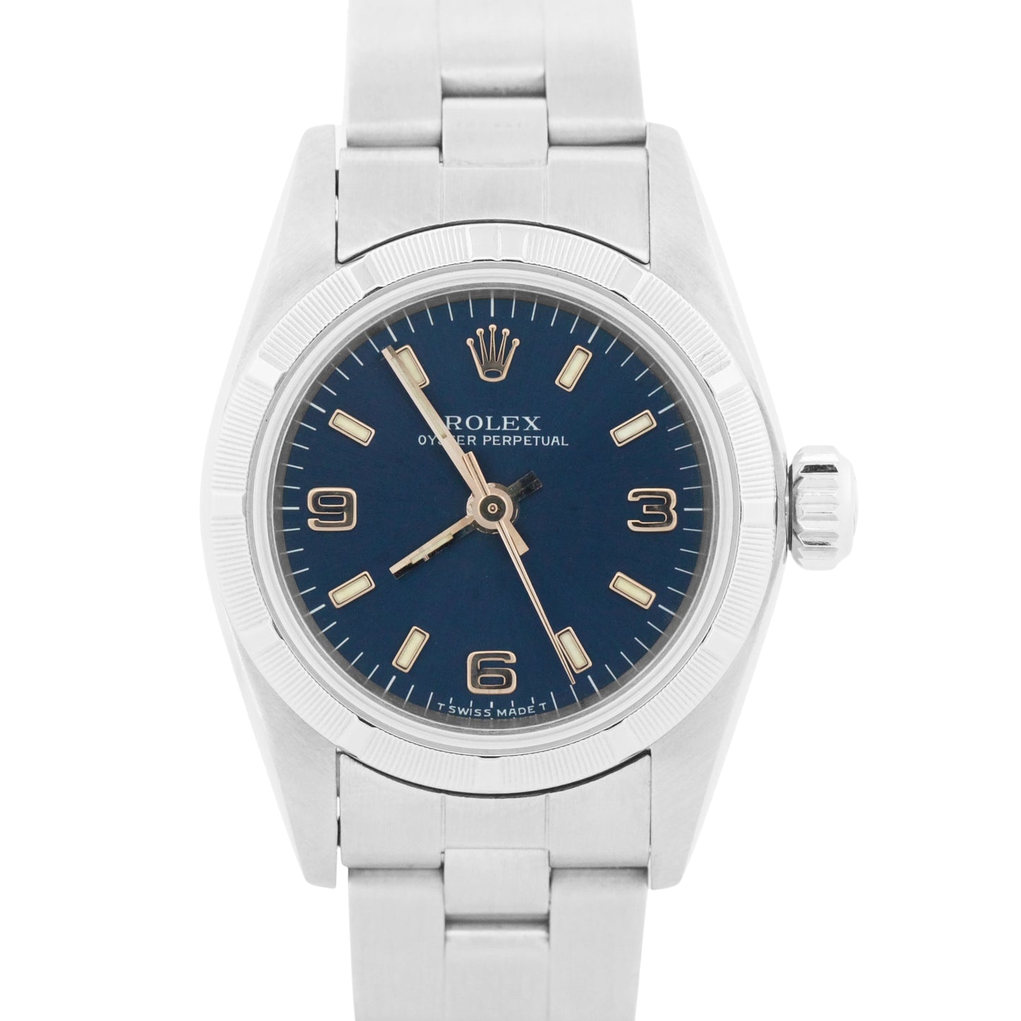 Ladies Rolex Oyster Perpetual BLUE Engine Turned 24mm NO-HOLES Watch 67230