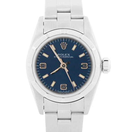 Ladies Rolex Oyster Perpetual BLUE Engine Turned 24mm NO-HOLES Watch 67230