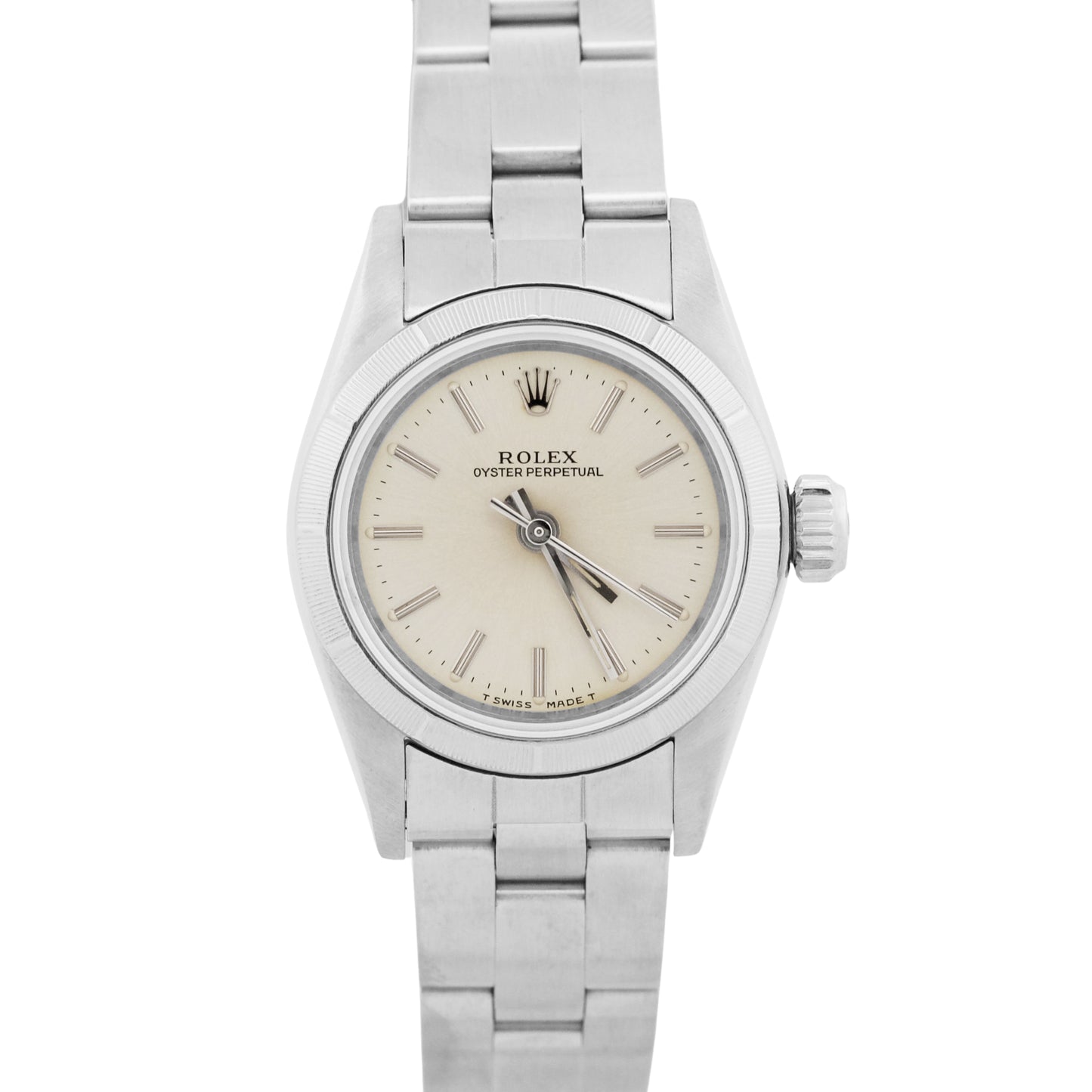 Ladies Rolex Oyster Perpetual PATINA SILVER Engine-Turned Steel 24mm Watch 67230
