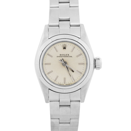 Ladies Rolex Oyster Perpetual PATINA SILVER Engine-Turned Steel 24mm Watch 67230