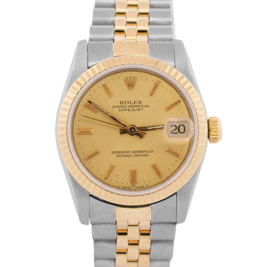 Rolex DateJust 31mm Midsize Two-Tone CHAMPAGNE 18K Yellow Gold Fluted 68273