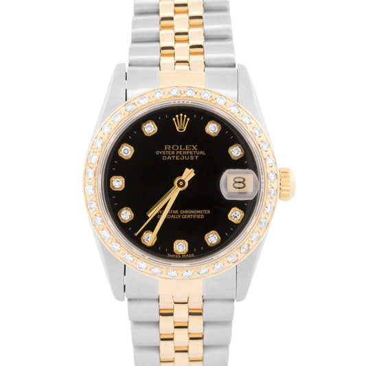 Rolex DateJust Midsize BLACK DIAMOND BEZEL 18K Gold Steel JUBILEE 31mm 68273