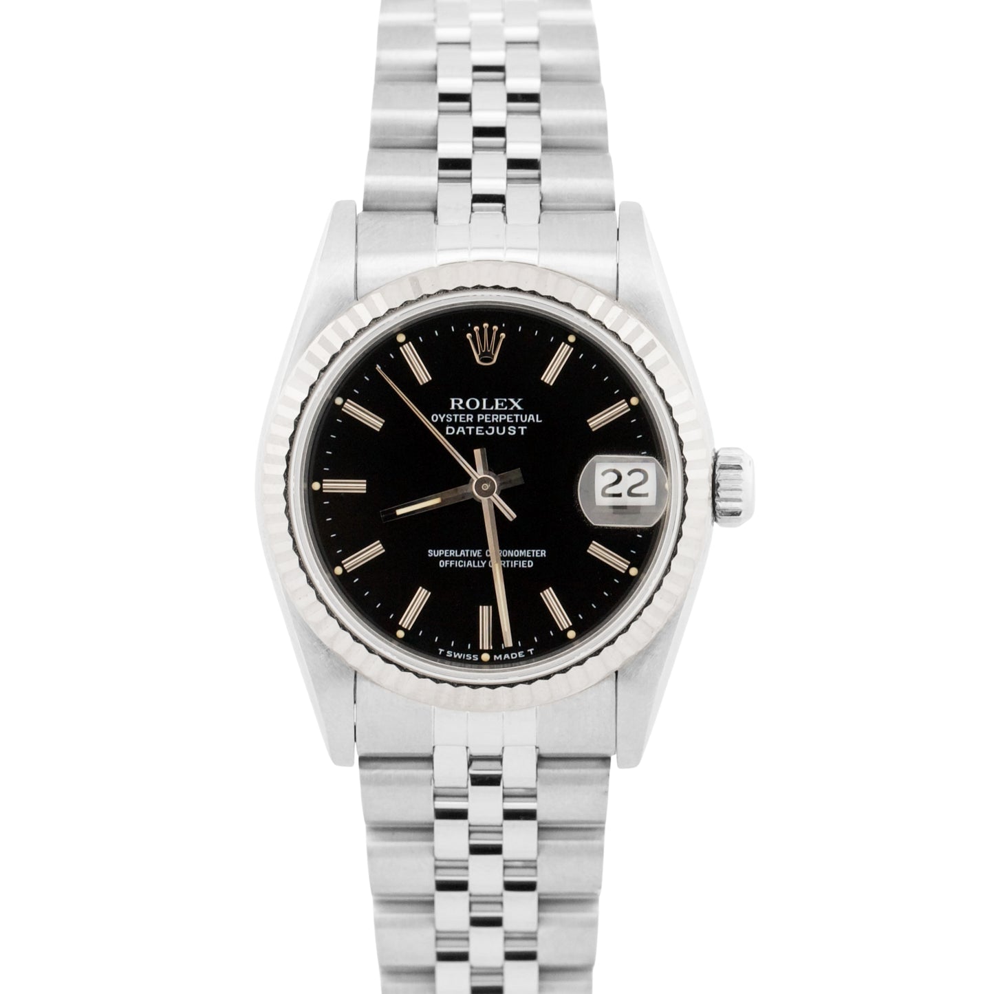 Rolex DateJust 31mm BLACK Steel Midsize 18K Steel Fluted JUBILEE Watch 68274