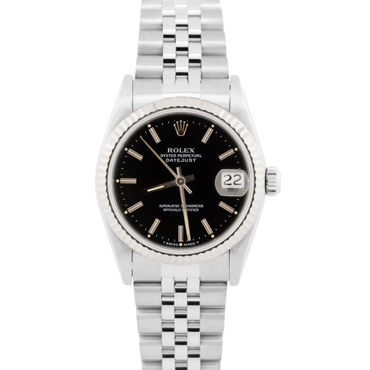 Rolex DateJust 31mm BLACK Steel Midsize 18K Steel Fluted JUBILEE Watch 68274