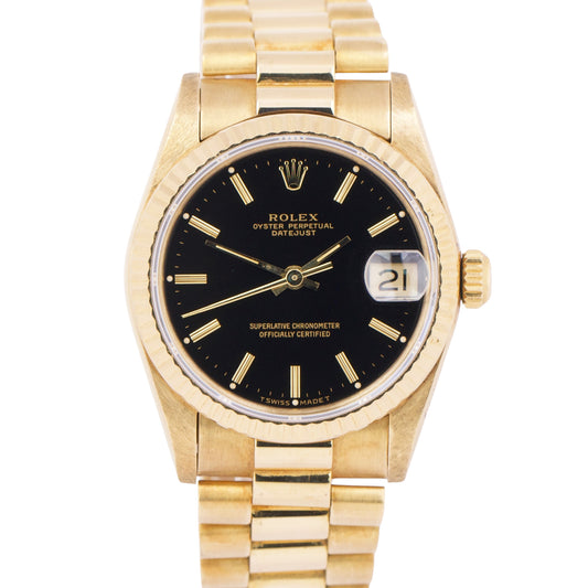 1986 Rolex DateJust President 31mm BLACK 18K Yellow Gold Fluted 68278 Watch