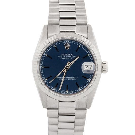 Ladies Rolex DateJust Midsize President BLUE 18K White Gold 31mm 68279 Watch