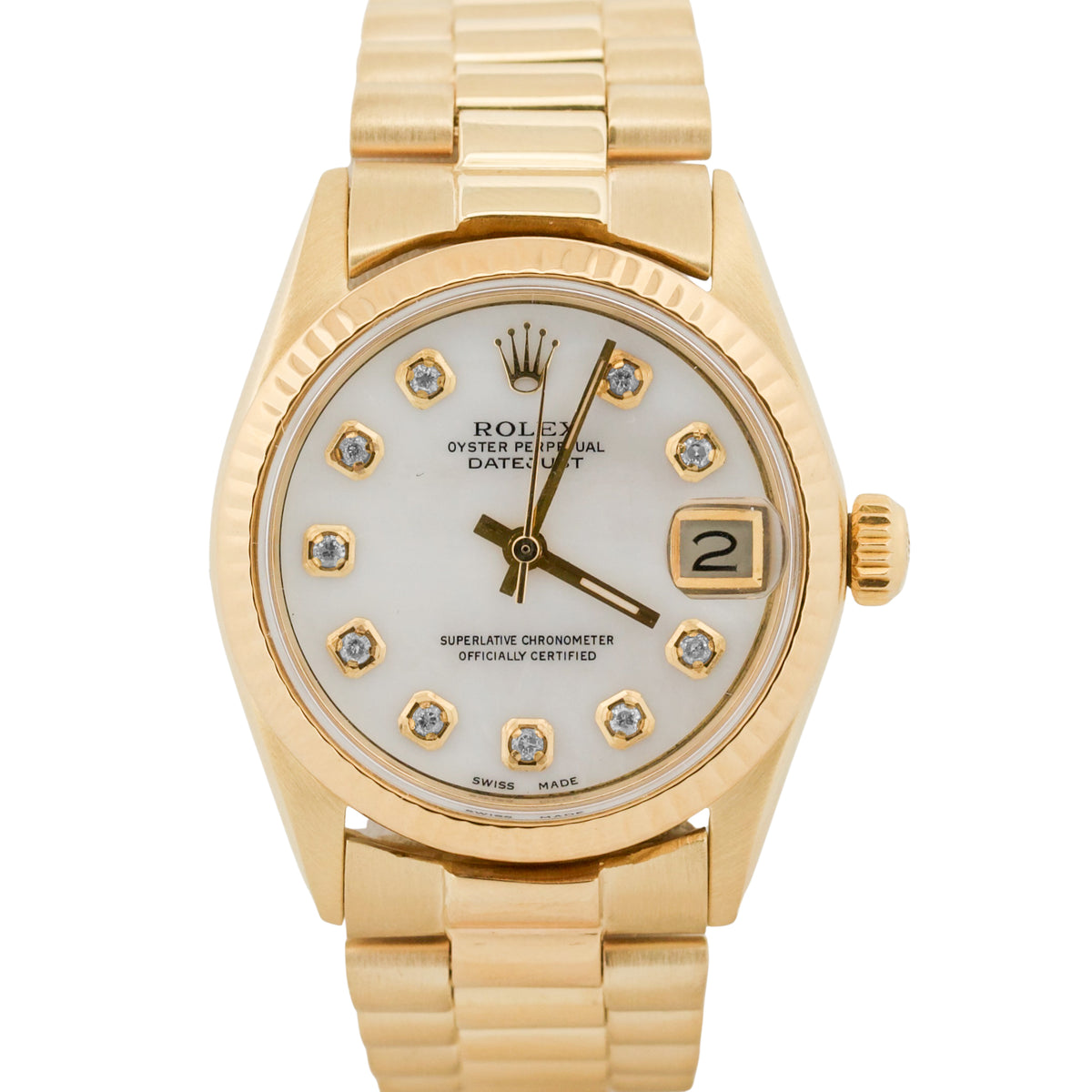 1973 Rolex DateJust Midsize 6827 President MOP Diamond 18K Yellow Gold 31mm