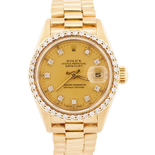 VINTAGE Ladies Rolex DateJust President 26mm CHAMPAGNE DIAMOND 18K Gold 69138