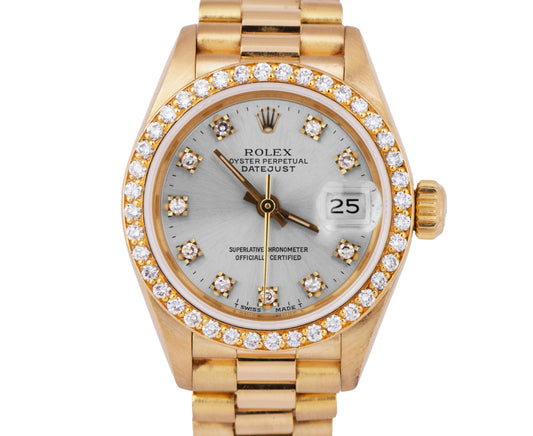 Ladies Rolex DateJust President 26mm SILVER DIAMOND 18K Yellow Gold Watch 69138