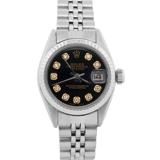 Ladies Rolex DateJust 26mm BLACK DIAMOND Stainless Steel JUBILEE Watch 6916