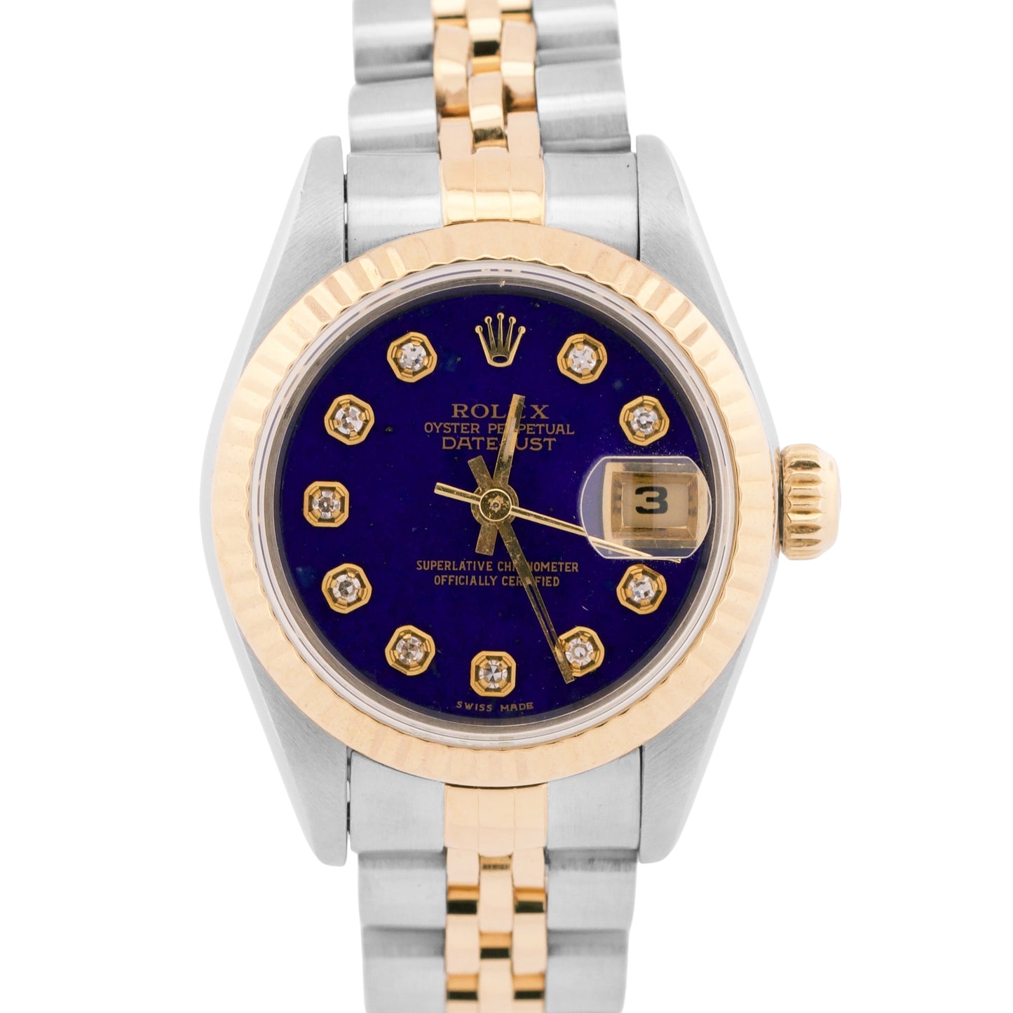 Ladies Rolex DateJust 26mm BLUE DIAMOND Bezel 18K Gold Steel JUBILEE 69173