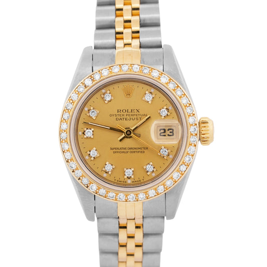 Ladies Rolex DateJust 26mm CHAMPAGNE DIAMOND 18K Gold Steel JUBILEE 69173