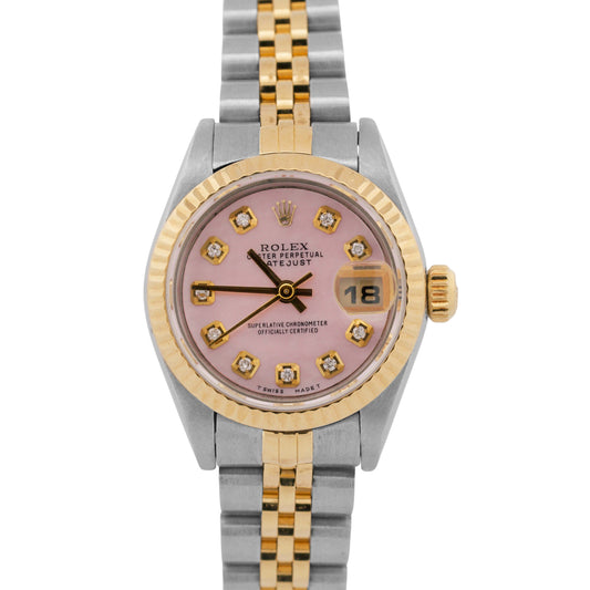 Ladies Rolex DateJust 26mm PINK MOP DIAMOND 18K Gold Steel JUBILEE Fluted 69173