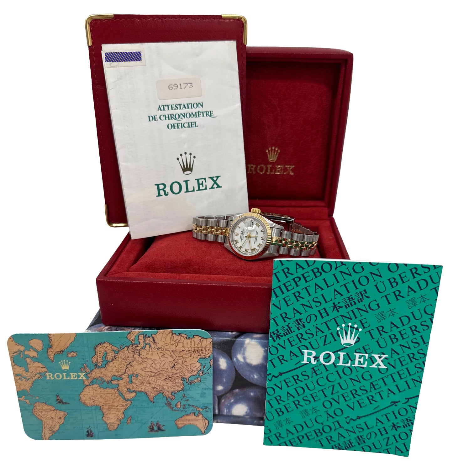 1994 PAPERS Rolex DateJust 26mm WHITE ROMAN 18K Gold Steel JUBILEE 69173 BOX