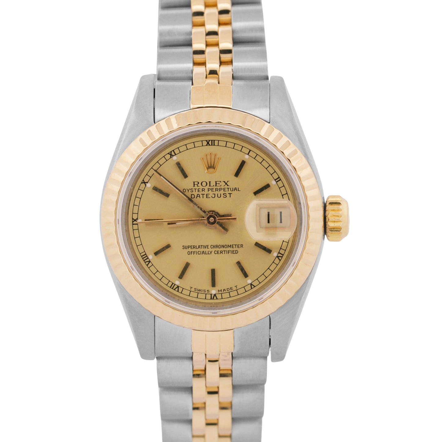 1989 Ladies Rolex DateJust 26mm CHAMPAGNE 18K Gold Steel JUBILEE Fluted 69173