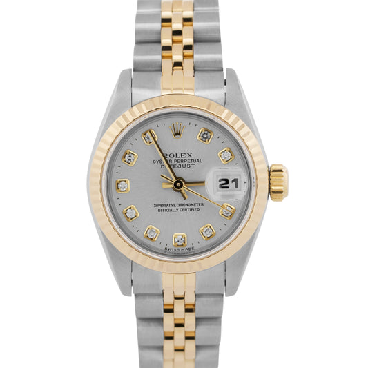 Ladies Rolex DateJust 26mm FACTORY SILVER DIAMOND 18K Gold Steel JUBILEE 69173