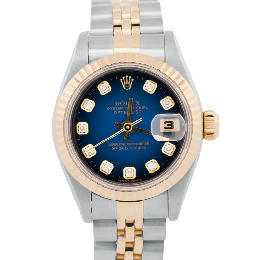 Ladies Rolex DateJust 26mm BLUE VIGNETTE DIAMOND 18K Gold Steel JUBILEE 69173