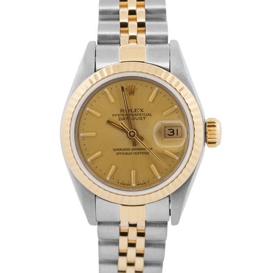 Ladies Rolex DateJust 26mm CHAMPAGNE 18K Yellow Gold Steel JUBILEE Fluted 69173