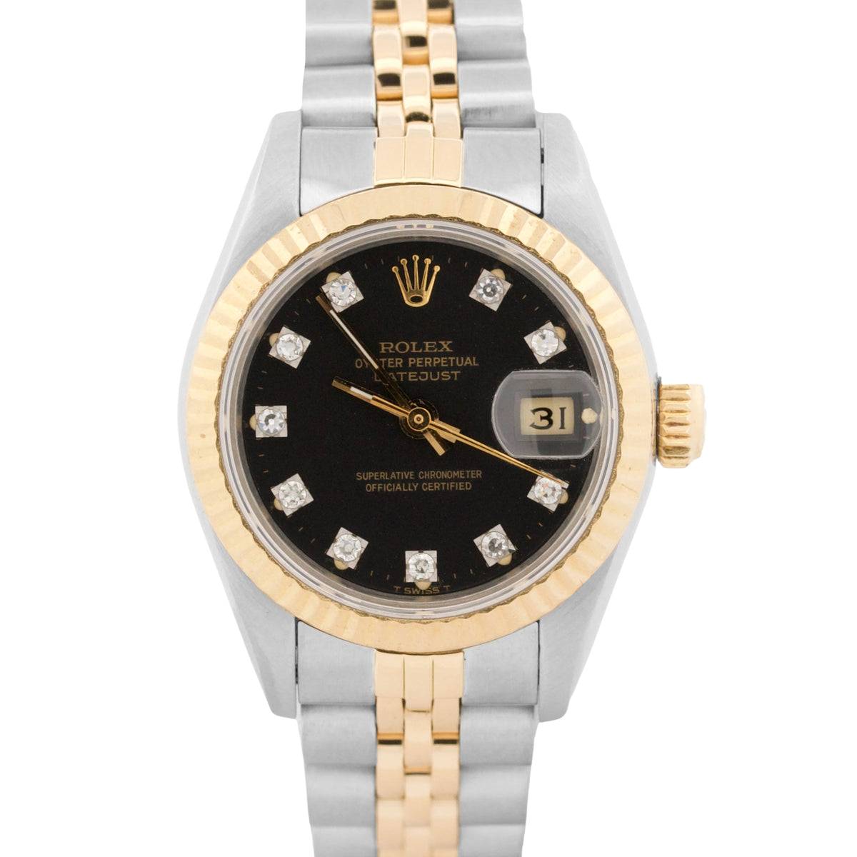 1986 Ladies Rolex DateJust 69173 26mm Black Diamond 18K Gold Steel Jubilee Watch