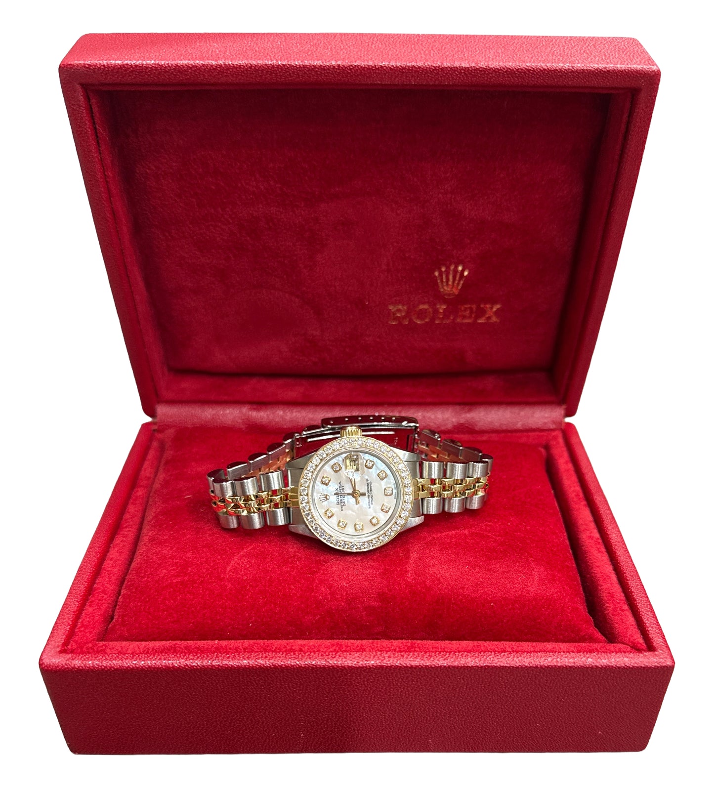 Ladies Rolex DateJust 26mm MOP DIAMOND BEZEL 18K Gold Steel JUBILEE 69173 BOX