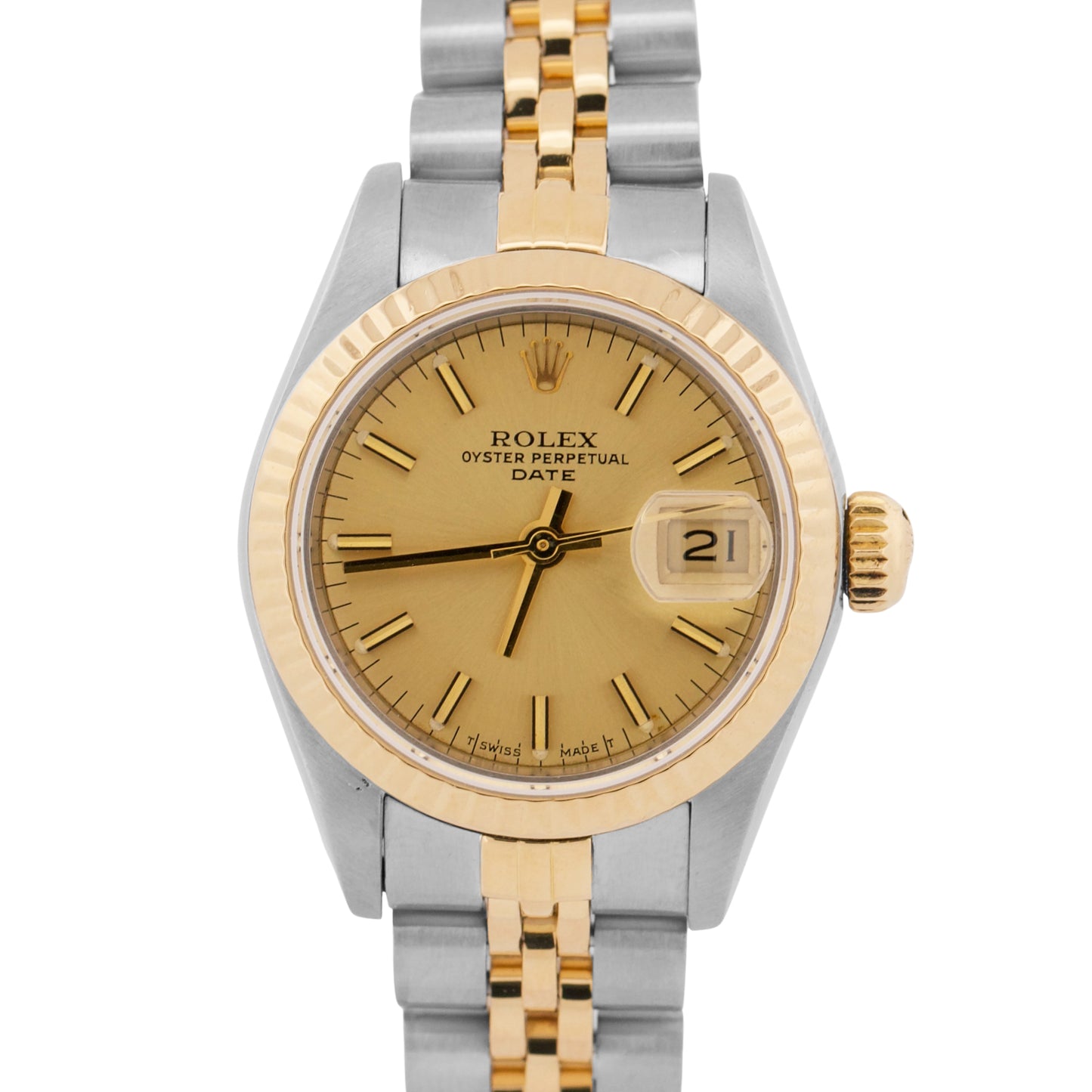 Ladies Rolex Date 26mm CHAMPAGNE 18K Yellow Gold Steel JUBILEE Fluted 69173