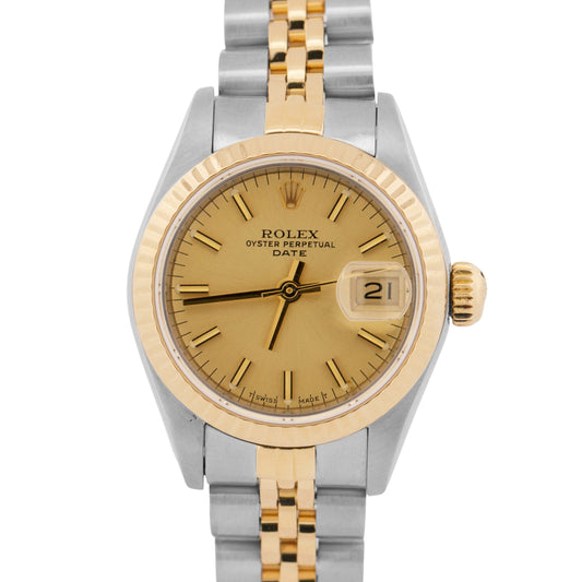 Ladies Rolex Date 26mm CHAMPAGNE 18K Yellow Gold Steel JUBILEE Fluted 69173