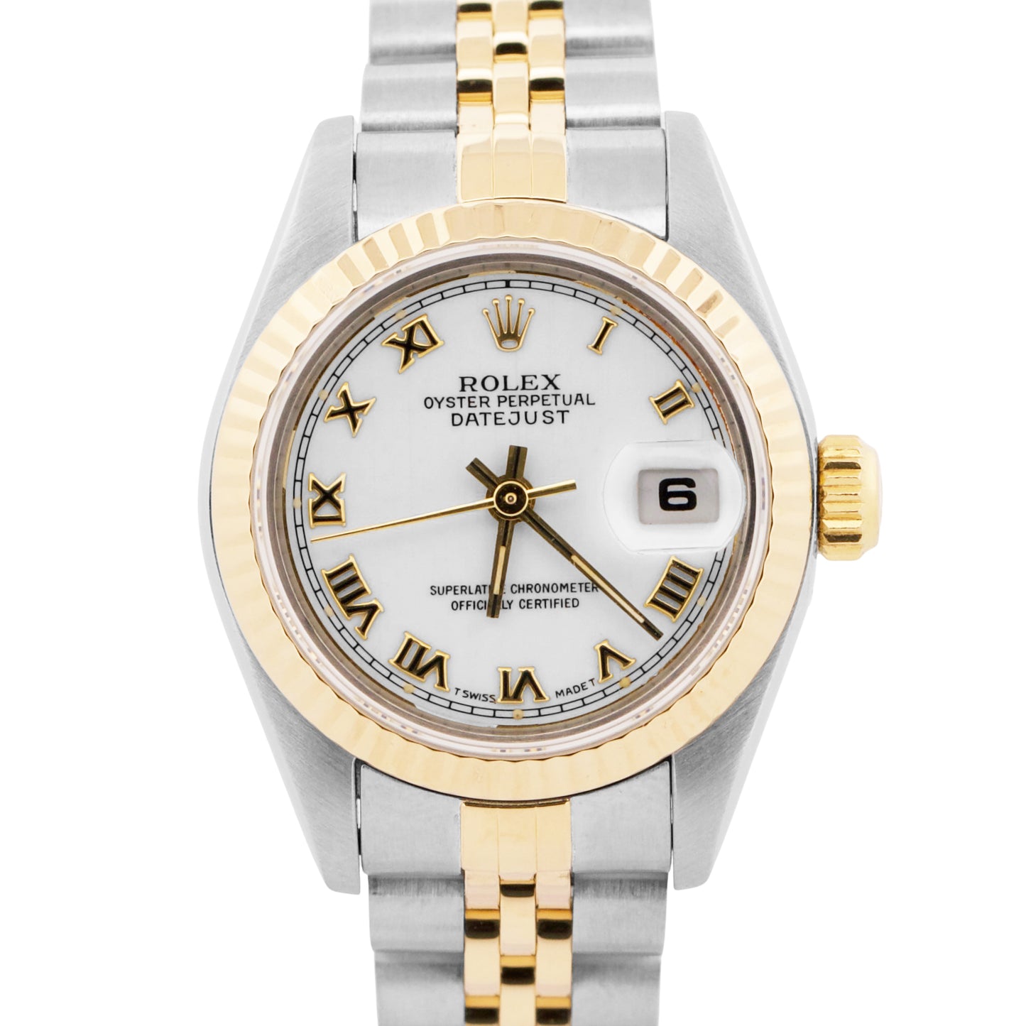 1994 PAPERS Rolex DateJust 26mm WHITE ROMAN 18K Gold Steel JUBILEE 69173 BOX