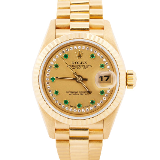 Ladies Rolex DateJust President CHAMPAGNE EMERALD DIAMOND STRING 18K 26mm 69178
