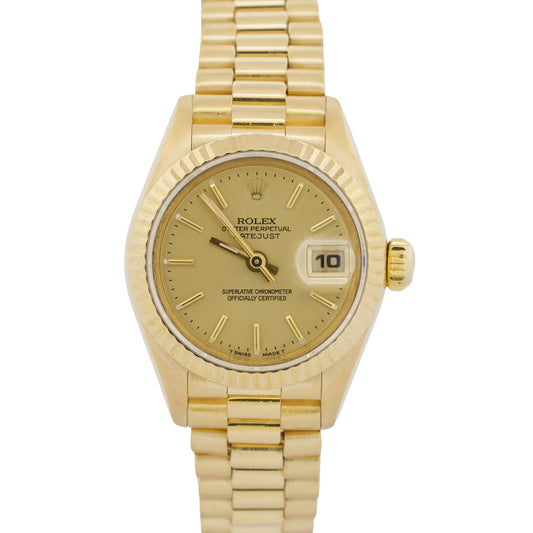 PAPERS Ladies Rolex DateJust President 26mm CHAMPAGNE 18K Yellow Gold 69178 BOX
