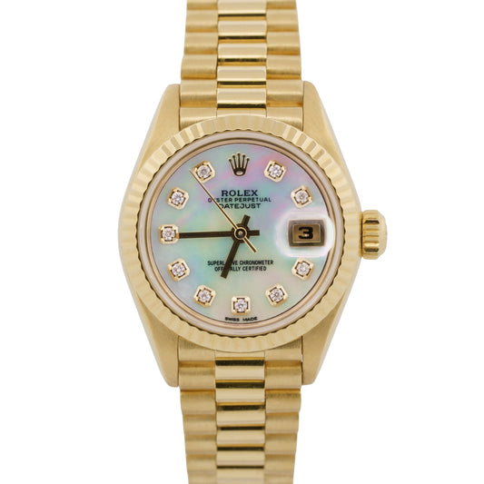PAPERS Ladies Rolex DateJust President 26mm MOP DIAMOND 18K Gold 69178 BOX