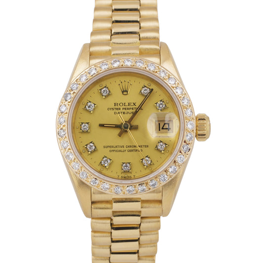 Ladies Rolex DateJust President 26mm CHAMPAGNE DIAMOND 18K Gold 69178 Watch