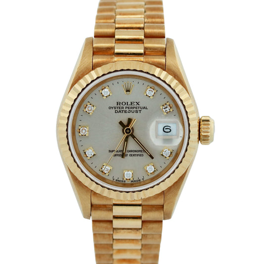 PAPERS Ladies Rolex DateJust President 26mm SILVER DIAMOND 18K Gold 69178 BOX