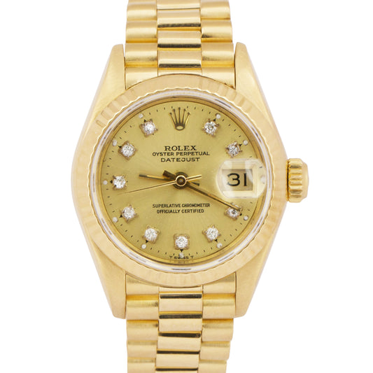 Ladies Rolex DateJust President 26mm CHAMPAGNE DIAMOND 18K Gold 69178 Watch