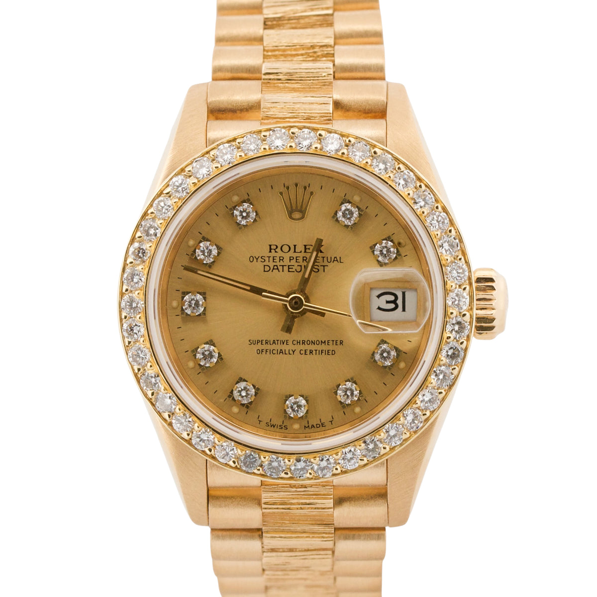 Rolex DateJust President 69278 Champagne Diamond Bark 26mm 18K Yellow Gold Watch