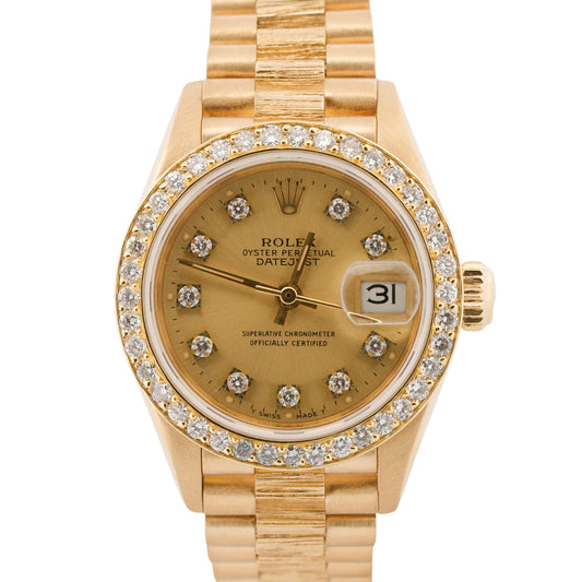 Rolex DateJust President 69278 Champagne Diamond Bark 26mm 18K Yellow Gold Watch