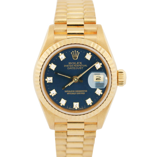 Ladies Rolex DateJust President 26mm BLUE DIAMOND 18K Yellow Gold Watch 69178