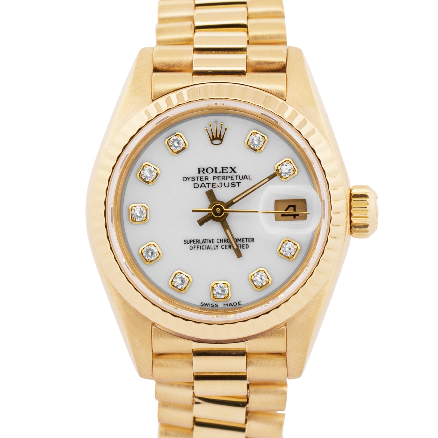 PAPERS Ladies Rolex DateJust President 26mm WHITE DIAMOND 18K Gold 69178 BOX