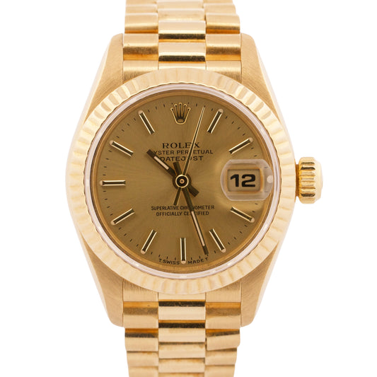 1996 Ladies Rolex DateJust President 26mm CHAMPAGNE 18K Yellow Gold Fluted 69178