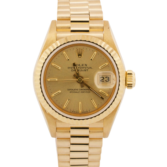 PAPERS Ladies Rolex DateJust President 26mm CHAMPAGNE 18K Yellow Gold 69178 BOX