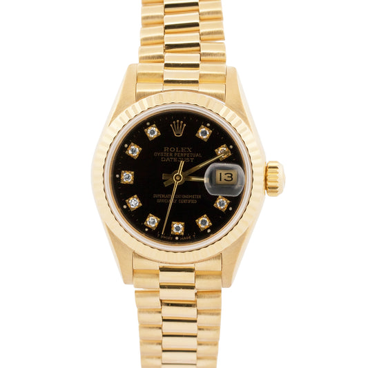 1984 Ladies Rolex DateJust President 26mm BLACK DIAMOND 18K Yellow Gold 69178
