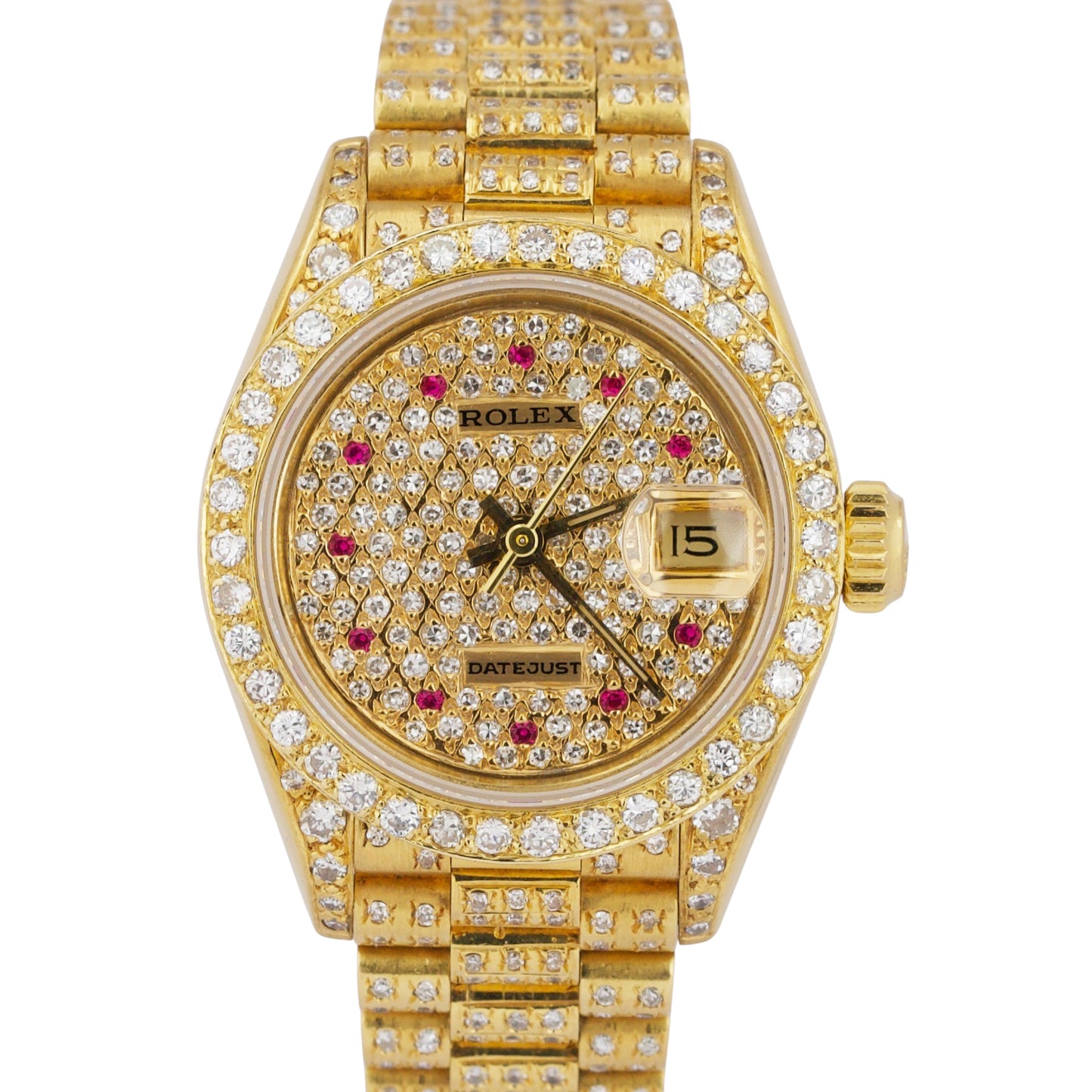 Ladies Rolex DateJust President 26mm PAVE RUBY DIAMOND 18K Yellow Gold 69178