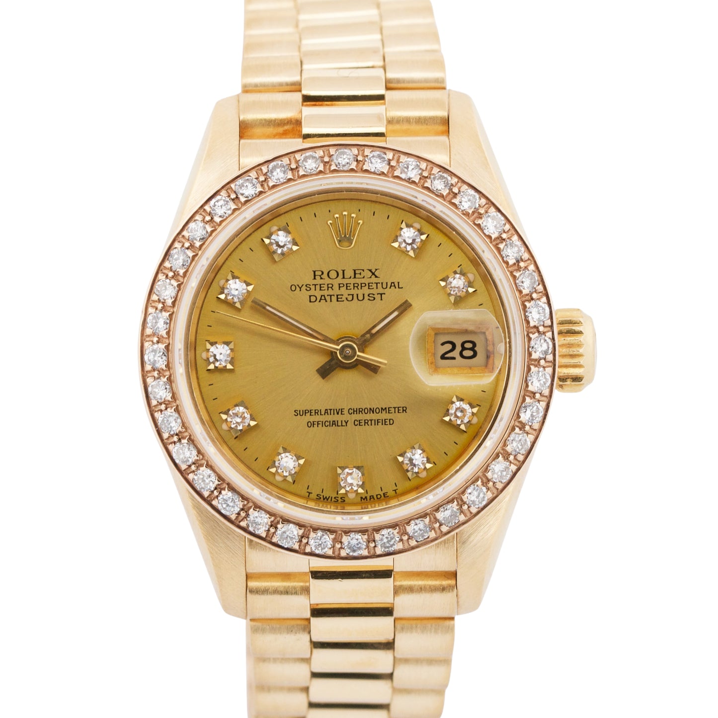 Ladies Rolex DateJust President 26mm CHAMPAGNE DIAMOND 18K Gold 69178 Watch