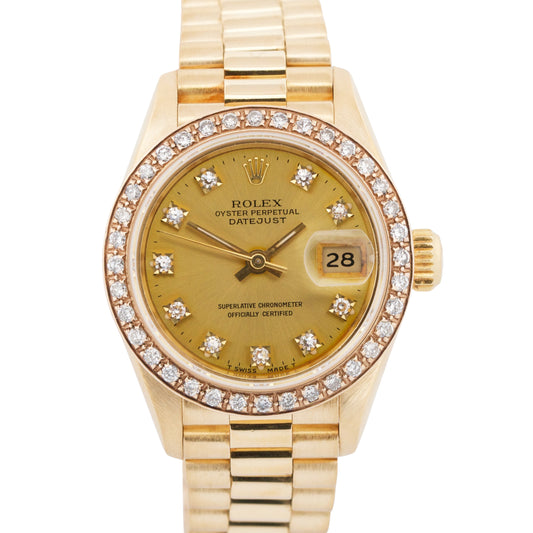 Ladies Rolex DateJust President 26mm CHAMPAGNE DIAMOND 18K Gold 69178 Watch