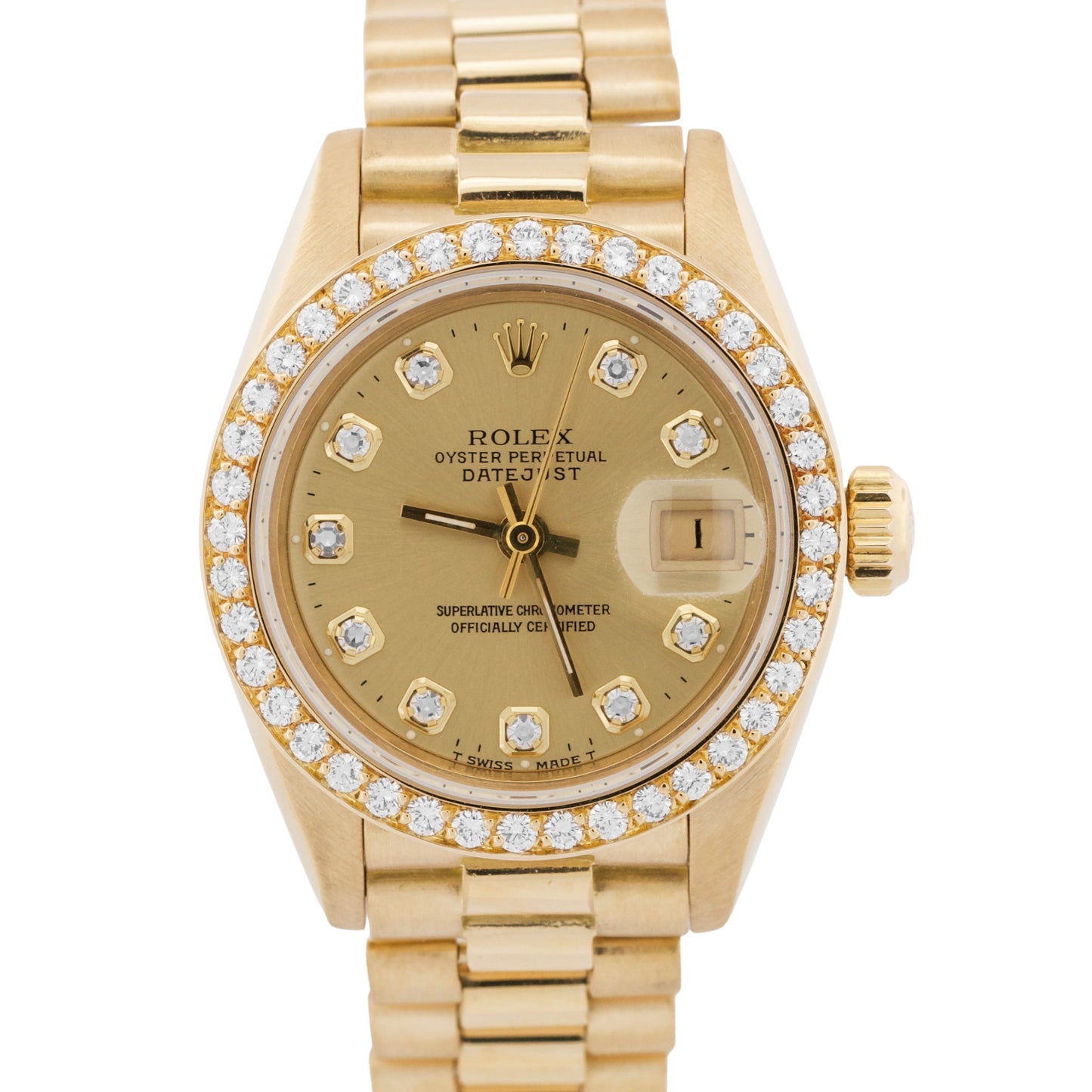 Ladies Rolex DateJust President 26mm Champagne DIAMOND BEZEL 18K Gold 69178 BOX