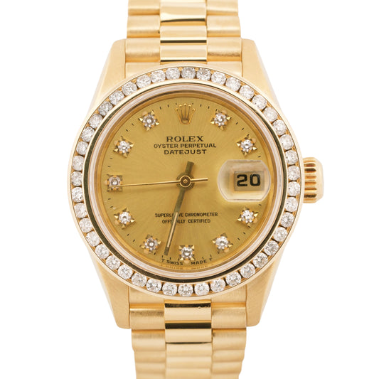 Ladies Rolex DateJust President CHAMPAGNE DIAMOND 18K Yellow Gold 26mm 69178