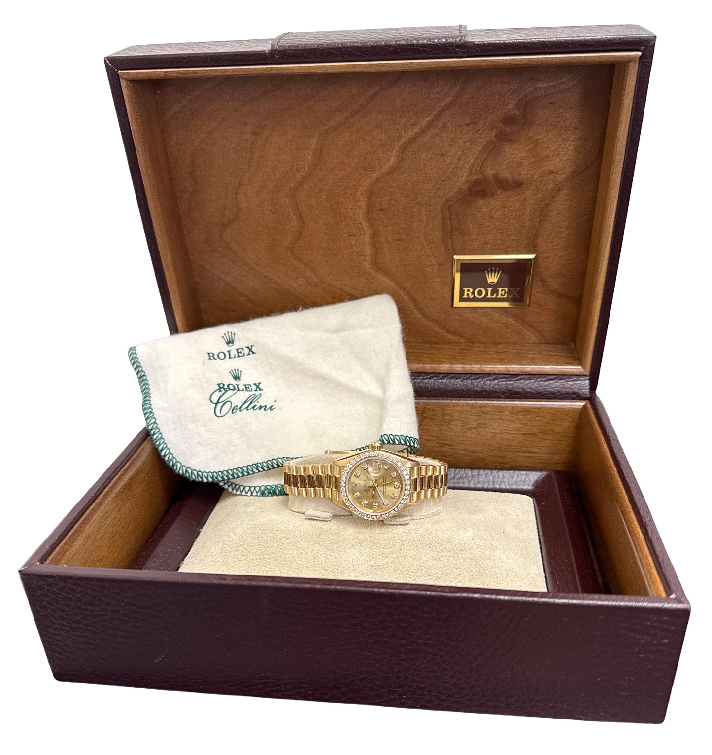 Ladies Rolex DateJust President 26mm Champagne DIAMOND BEZEL 18K Gold 69178 BOX