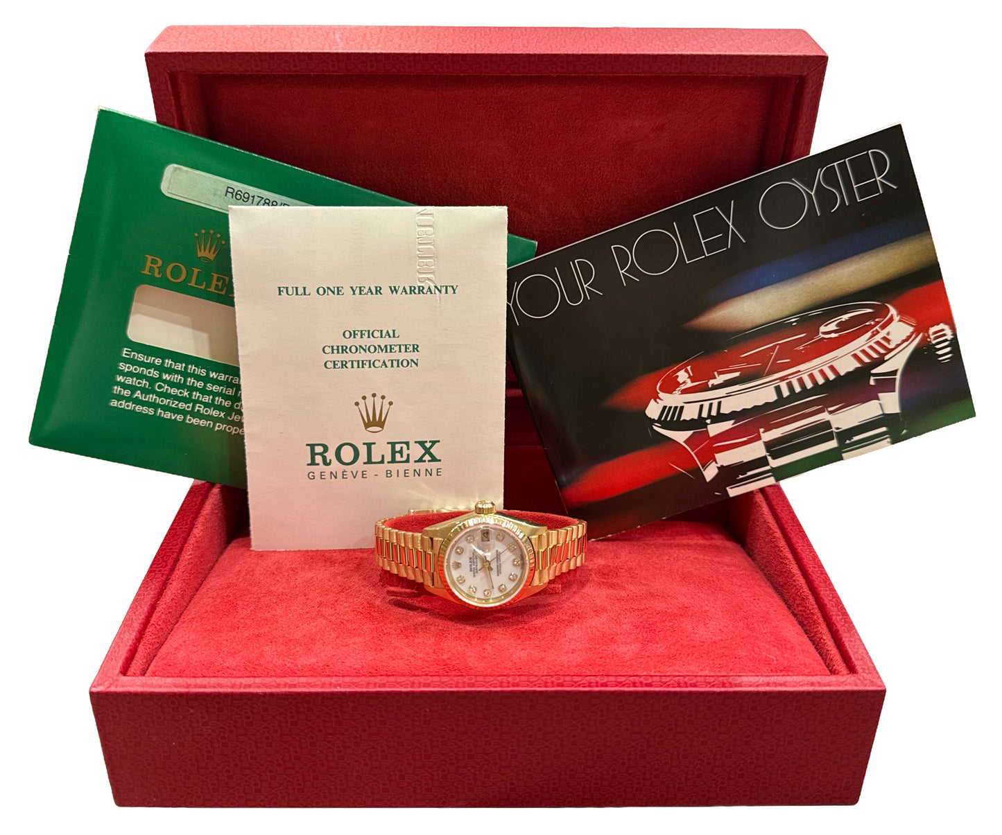 PAPERS Ladies Rolex DateJust President 26mm WHITE DIAMOND 18K Gold 69178 BOX