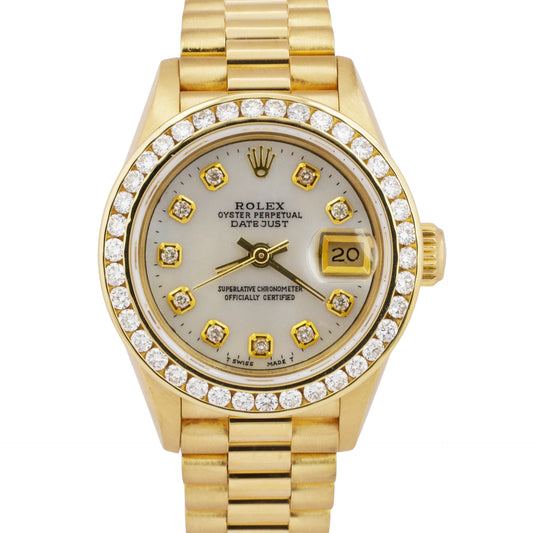 Ladies Rolex DateJust President 26mm MOP DIAMOND BEZEL 18K Gold 69178 Watch