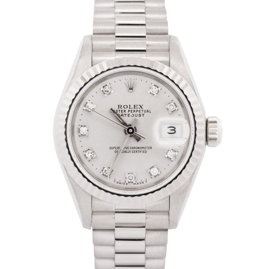 PAPERS Rolex DateJust President 26mm FACTORY SILVER DIAMOND 18K Gold 69179 BOX